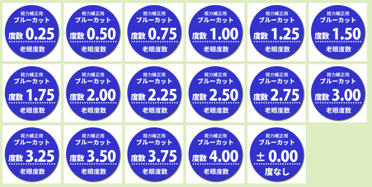 対応するレンズ度数
±0.00(度なし)
+0.25 +0.50 +0.75 +1.00 +1.25 +1.50 +1.75 +2.00
+2.25 +2.50 +2.75 +3.00 +3.25 +3.50 +3.75 +4.00